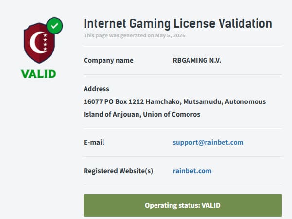 Rainbet Casino licence
